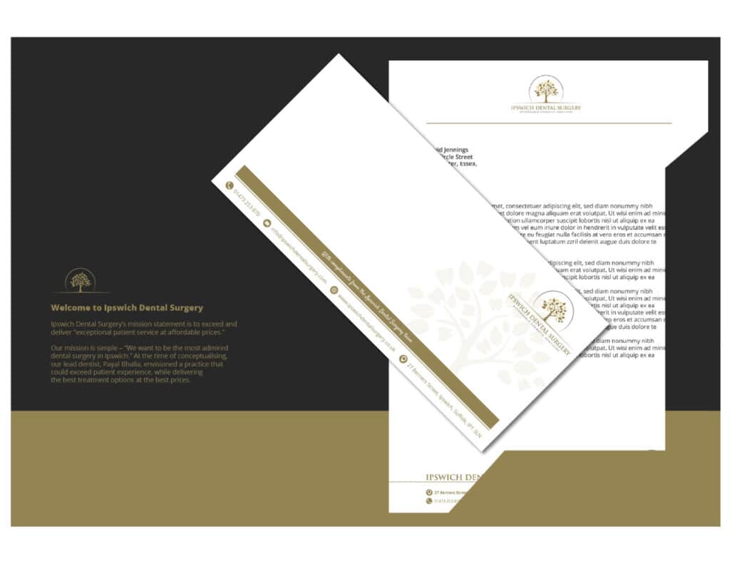 Elegant dental clinic stationery set with letterhead, envelopes, and business cards featuring a gold and white color scheme with floral patterns.