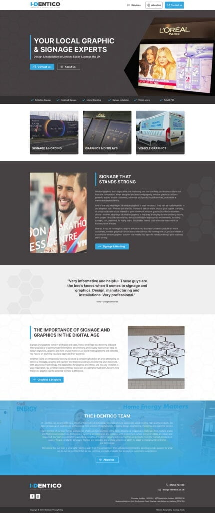 Website homepage for "dentico," a graphic and signage company, showcasing their services, client testimonials, and corporate partners.