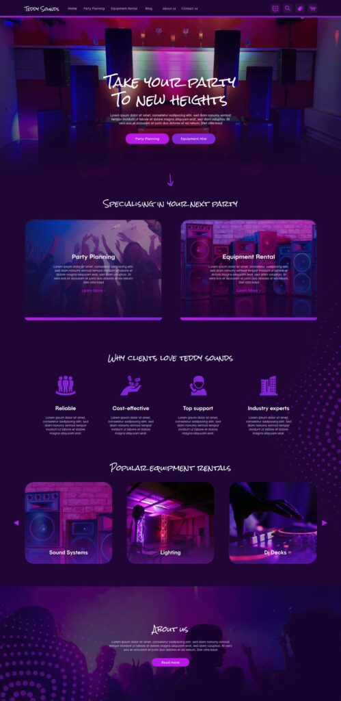 A promotional website homepage for "teddy sounds," offering dj services, equipment rental, and party planning for events.